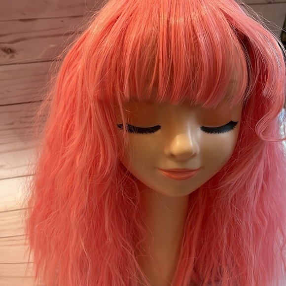 Pink Wig With Bang 15” Crimped Hair Medium Length Pastel - Picture 3 of 8